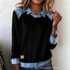 Women's Clothing, Denim Collar Long Sleeved Pullover Spliced Knit Sweater Top