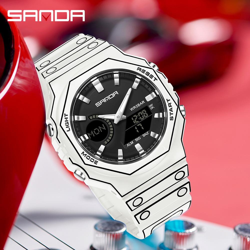 SANDA 6508 Fashion Electronic Watches for Man Multifunctional Luminous Stopwatch Alarm Clock Dual Display Men Digital Wristwatch