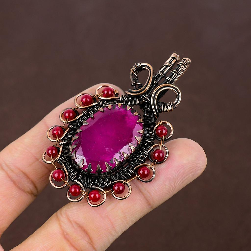 Подвеска из натурального рубина и граната, изготовленная вручную из медной проволоки, 2,76 дюйма, s0p95