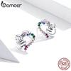 BAMOER Rainbow Color Heart Stud Earrings 925 Sterling Silver Sloth Animal Ear Pink Fine Jewelry