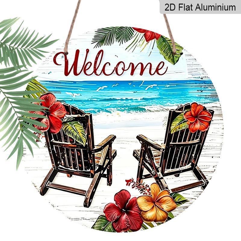 2D Flat Tropical Beach Welcome Hanging Sign, Aluminum Decorative Sign and Plaque, Various Sizes. Beach Chair, Hibiscus, Coastal Style Wall