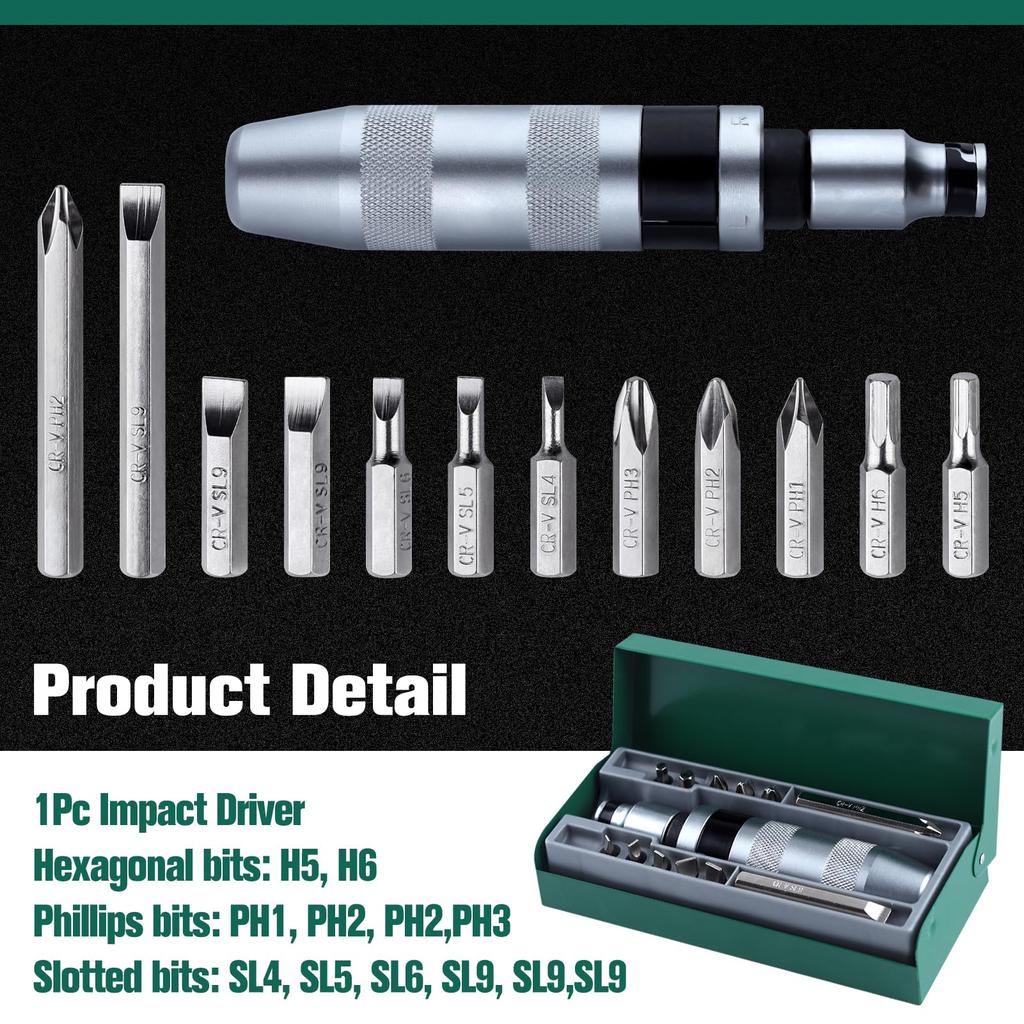 LEONTOOL Ударная отвертка Набор бит для ударной отвертки Набор из 13 предметов Ручной ударный драйвер Набор Ручная ударная отвертка Набор Запасной набор драйверов Сильная вращающая сила