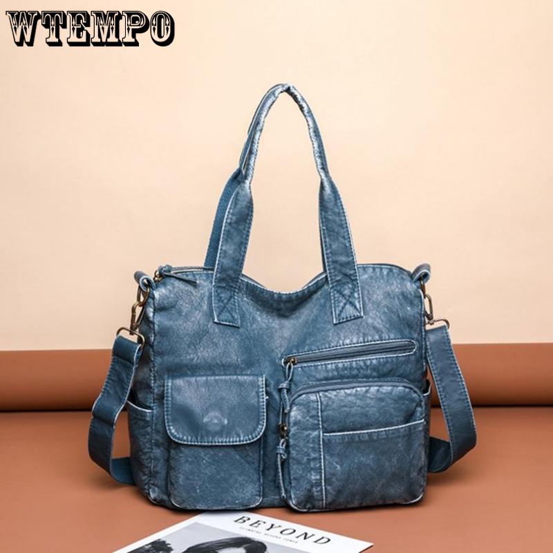 WTEMPO Ретро мытая кожаная сумка Модная женская большая сумка большой емкости с несколькими карманами