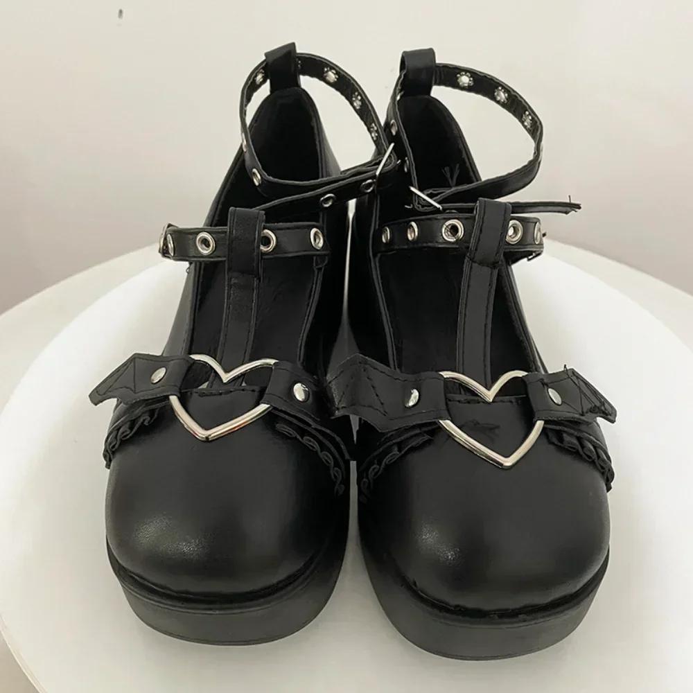 Fashion New Sweet Heart Buckle Wedges Mary Janes Women Pink T-Strap Chunky Platform Lolita Shoes Woman Punk Gothic Cosplay Shoes 43