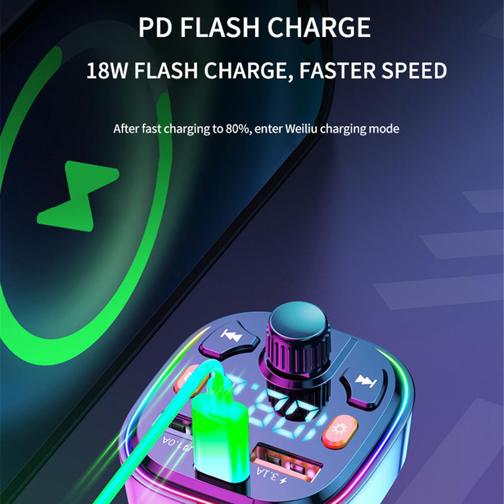Car FM Transmitter Dual USB PD Type C Fast Car Charge Ambient Light Bluetooth 5.0 Handsfree External Microphone Car FM Modulator