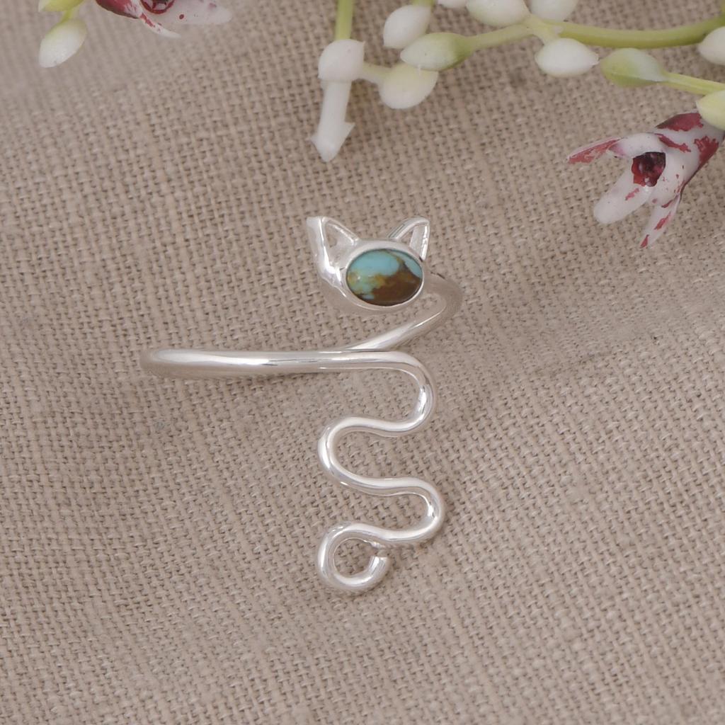 Turquoise Snake Wrap Ring | Adjustable Silver Cat Ring | Cute Animal Jewelry Gift for Women