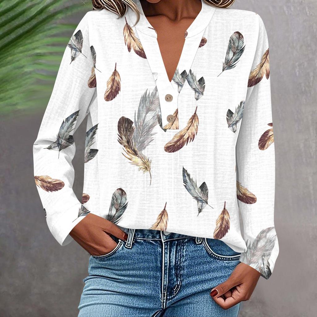 Женская модная и повседневная рубашка с длинным рукавом, V-образным вырезом, на пуговицах, с принтом, блузка, топ