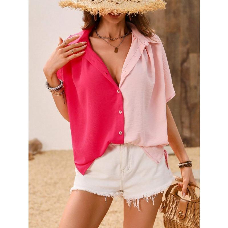 Женская рубашка, летний модный кардиган с цветными блоками, воротник на пуговицах, короткий рукав, женские топы
