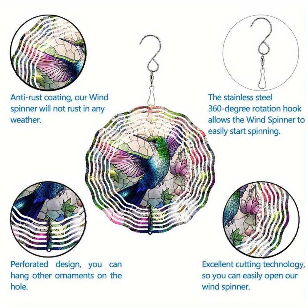 Hummingbird Stained Glass Wind Chime Metal Rotating Garden Decor for Patio Yard Indoor Outdoor No Electricity Needed Colorful Gift Idea