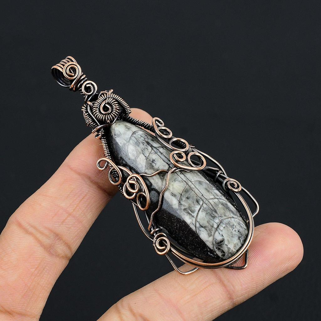 Orthoceras Fossil Jewelry, 999 Copper Wire Wrapped Pendant Handmade Gemstone Jewelry, Gifts For Wedding Pendant