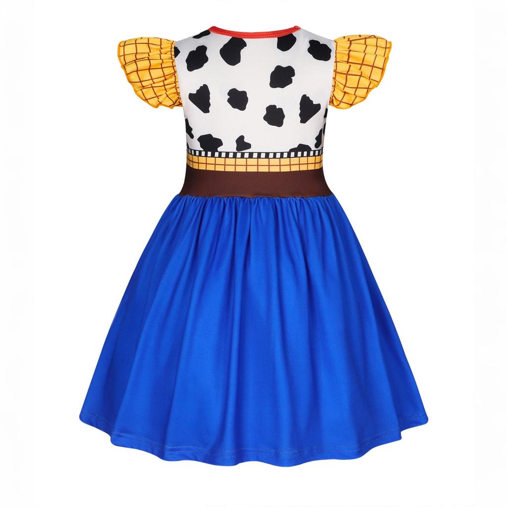 Girls Western Style Dress with Printed Vest and Bandana Design Short Puff Sleeves and Gathered Skirt for Halloween Costume Party Dress Up