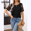 Women's Summer T-shirt Elegant Knit Spell Lace Round Neck Loose Mesh Splicing Short Sleeve Top