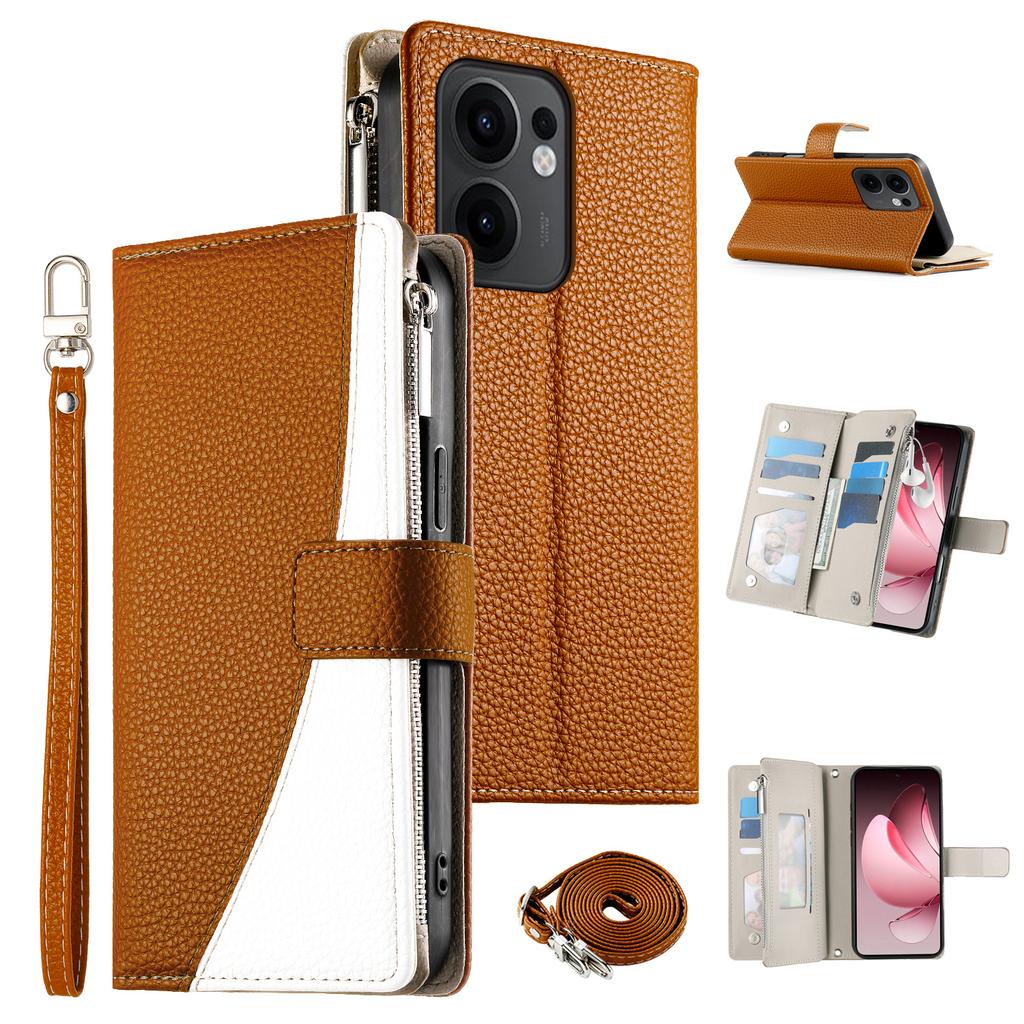 For Oppo Reno13 F 5G Case Zipper Wallet Color Splicing Leather Flip Phone Cover with Straps