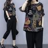 Two-piece Korean Style Women's Loose Plus Size Short-sleeved Fashion Round Neck T-shirt Cropped Pants Fashion Suit