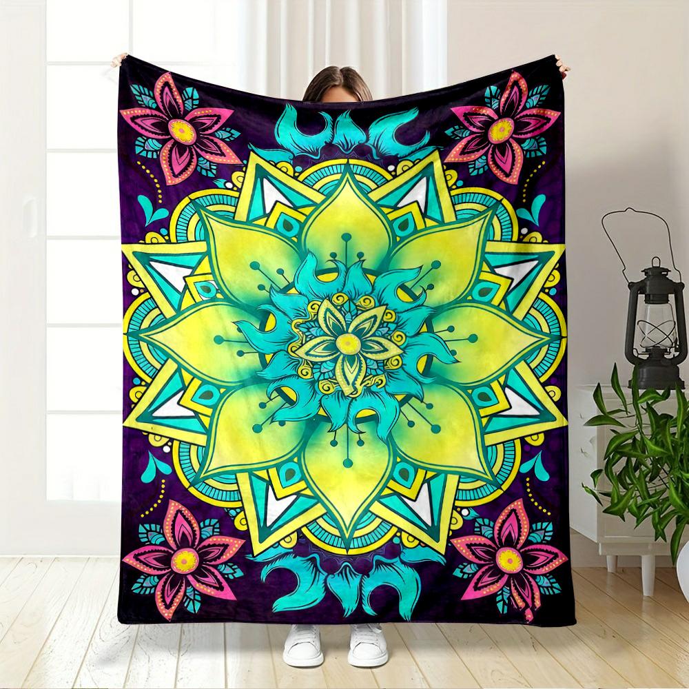 Colorful Mandala Pattern with Floral Design Flannel blanket for bedroom, living room, sofa, and nap sofas.