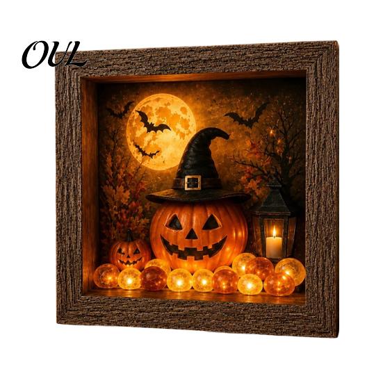Craft Gifts for Adults DIY Lighted Halloween Ghost Shadow Box Kit, Wooden Frame LED Warm Light, Gothic Bedroom Decor Memory with Crystal Glass Panel,