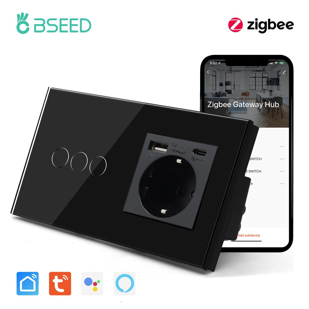 BSEED Zigbee настенные сенсорные выключатели 1/2/3 клавиши с обычной EU розеткой и портами USB Type-C, управление через приложение Tuya Smart Life, стеклянная панель