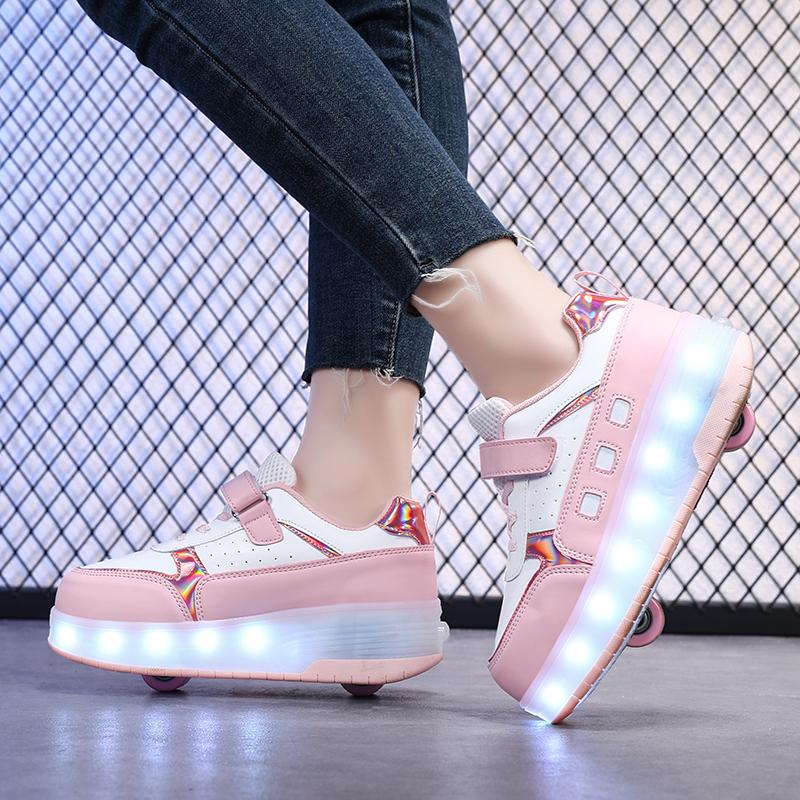 Детские светящиеся спортивные туфли, резиновые туфли, твердые волшебные патчи, зарядные устройства, двухрядные скользящие туфли с колесами