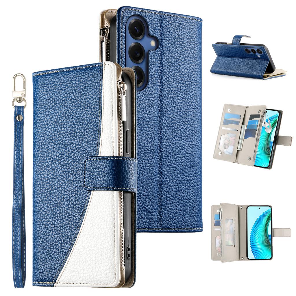 For Samsung Galaxy S26 Case Zipper Wallet Color Splicing Leather Flip Phone Cover with Straps