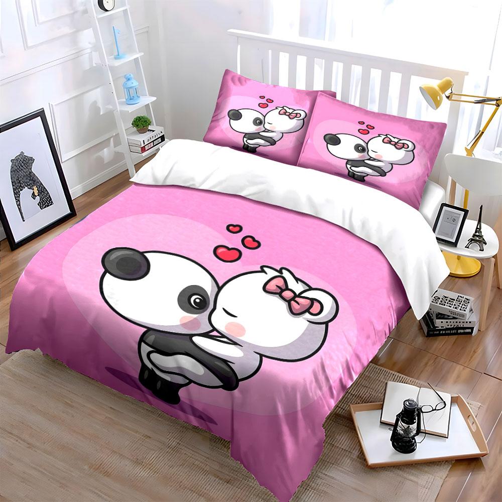 Panda and Bunny Love Hug Bedding Duvet Cover Set (1*Duvet Cover 2*Pillowcases, without duvet insert)