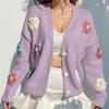Женский осенне-зимний милый вязаный кардиган с длинным рукавом на пуговицах, свободный теплый свитер с цветочным принтом, открытое пальто спереди