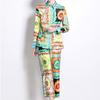 Runway Designer Vintage Print Pant Two Piece Set for Women Turn-down Shirt And Ankle Length Trousers Office Business Suit