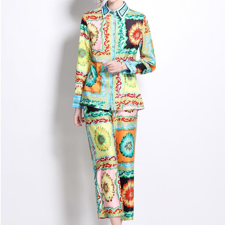 Runway Designer Vintage Print Pant Two Piece Set for Women Turn-down Shirt And Ankle Length Trousers Office Business Suit