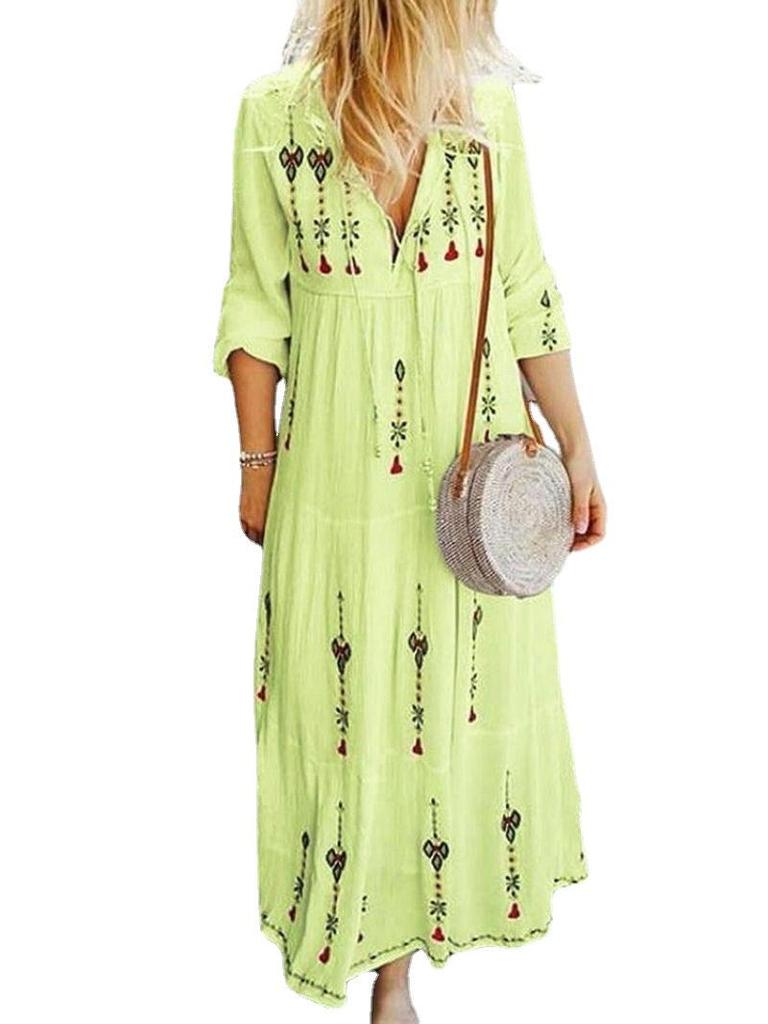 Women's Maxi Dress V-Neck Half Sleeve Multicolor Printed Long Dress Boho Dress