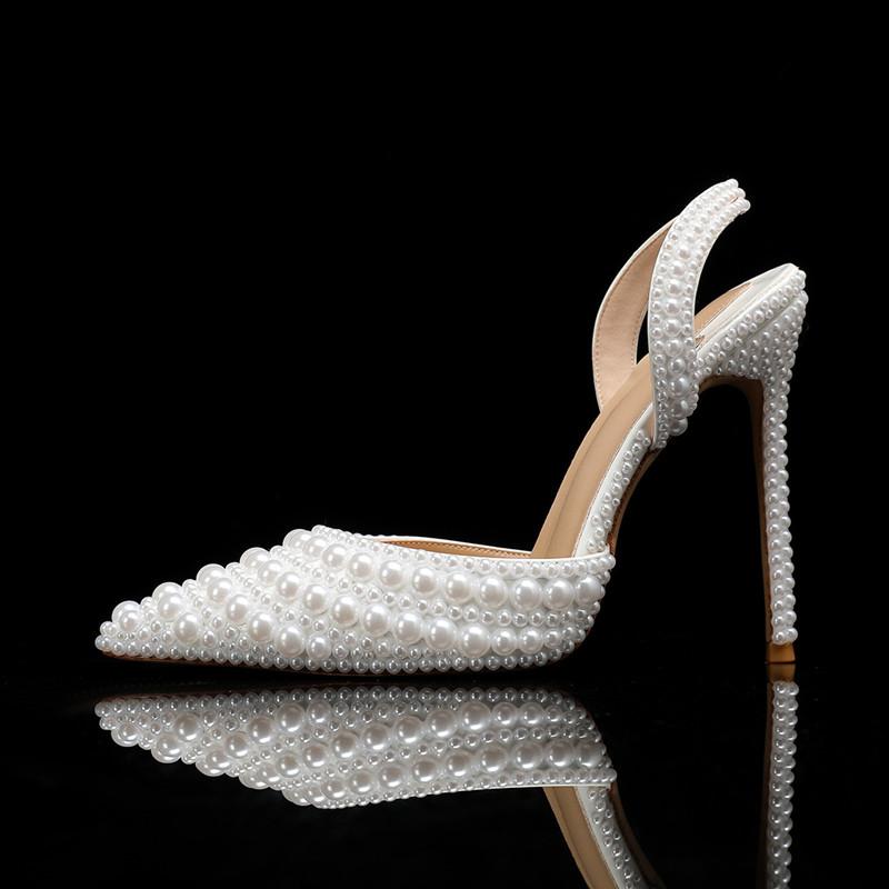 Роскошные Свадебные Женские Туфли-Лодочки Ручной Работы из Жемчуга, Элегантные Туфли-Слингбэки на Высоком Каблуке с Острым Носком, Летние Вечерние Свадебные Туфли