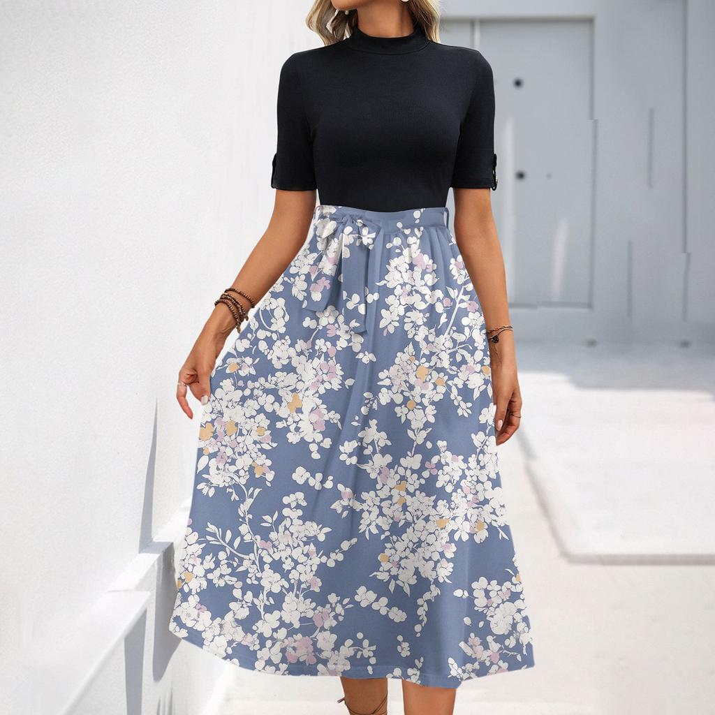 Women's Fashion Casual Belt Short Sleeve Round Neck Floral Elegant Temperament Dress