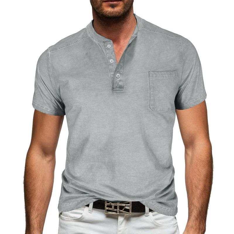 Мужская черная вымытая футболка-henley с коротким рукавом, нагрудным карманом, повседневная