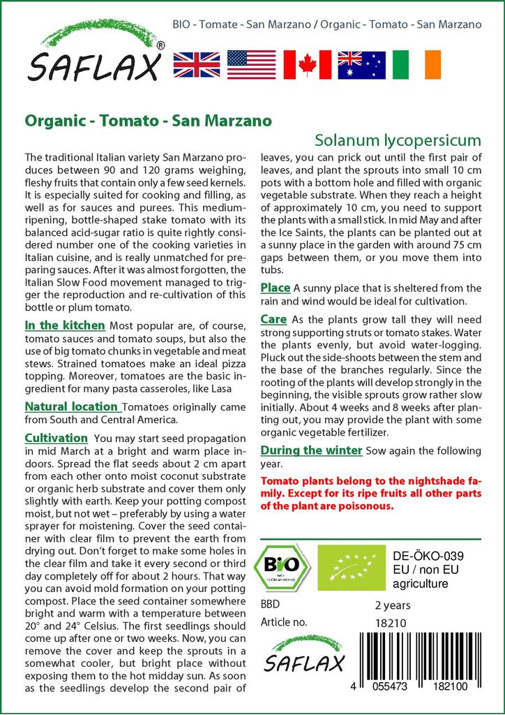 SAFLAX Garden in the Bag - Органический - Помидор - Сан-Марцано - 15 семян - С субстратом в подходящем стоячем пакете - Solanum lycopersicum