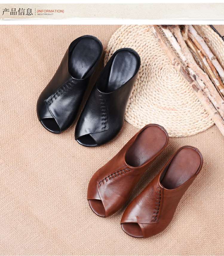 Thick-Heeled Soft Leather Outer Slippers Fish Mouth Comfortable Versatile Mid-Heeled Women Sandals Women'S Mother'S Shoes Women