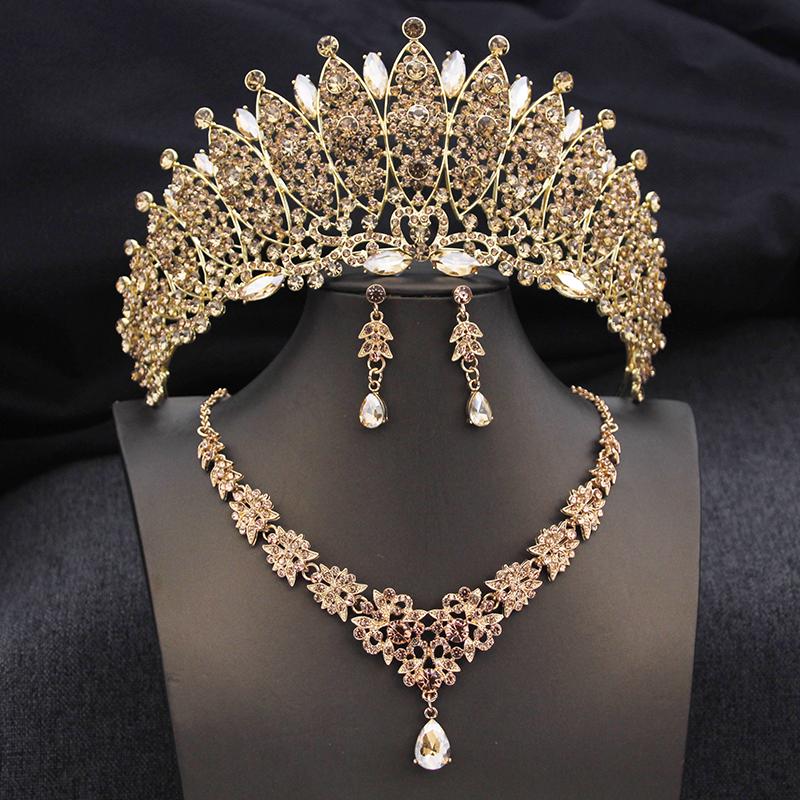 Royal Queen Champagne Tiaras and Crowns Bridal Jewelry Sets for Women Wedding Crown and Necklace Earrings Tiara Set Accessories
