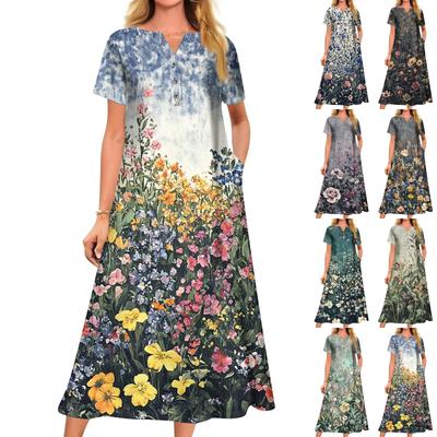 Женское летнее платье свободного кроя с принтом, V-образным вырезом и короткими рукавами