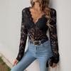 Women'S Lace Patchwork Tight Black Sexy Elegant Temperament Solid Color Long Sleeved Lace Jumpsuit