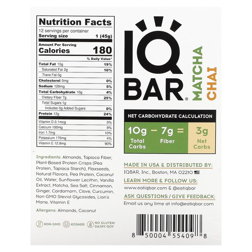 IQBAR Plant Protein Bar, Matcha Chai, 12 Bars, 45 G (1.6 Oz) Each
