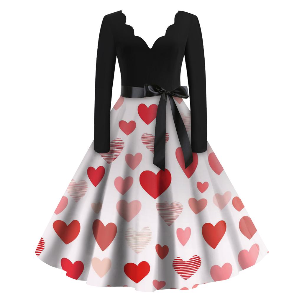 Женское повседневное модное платье с принтом на День святого Валентина, с V-образным вырезом, в стиле ретро, с длинным рукавом