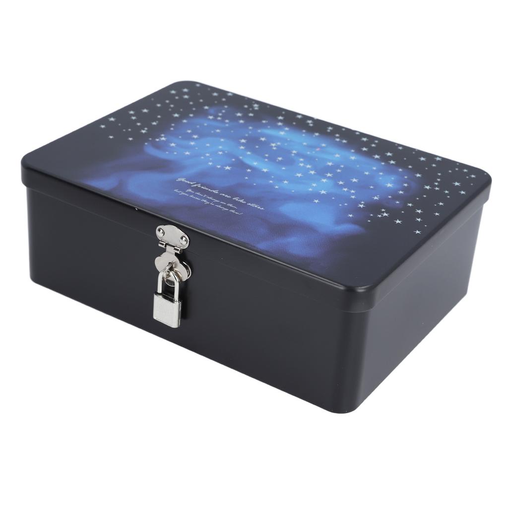 Tinplate Storage Box with Lid Padlock Starry Sky Print Rectangular Vintage Metal Jewelry Case for