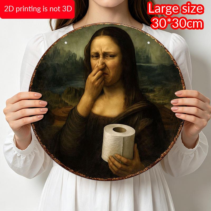 2D Flat, 1pc Funny Mona Lisa Covering Nose Restroom Aluminum Sign - Vintage Bathroom Wall Decor, Waterproof Rust-Proof Wall Plaque, Suitable for
