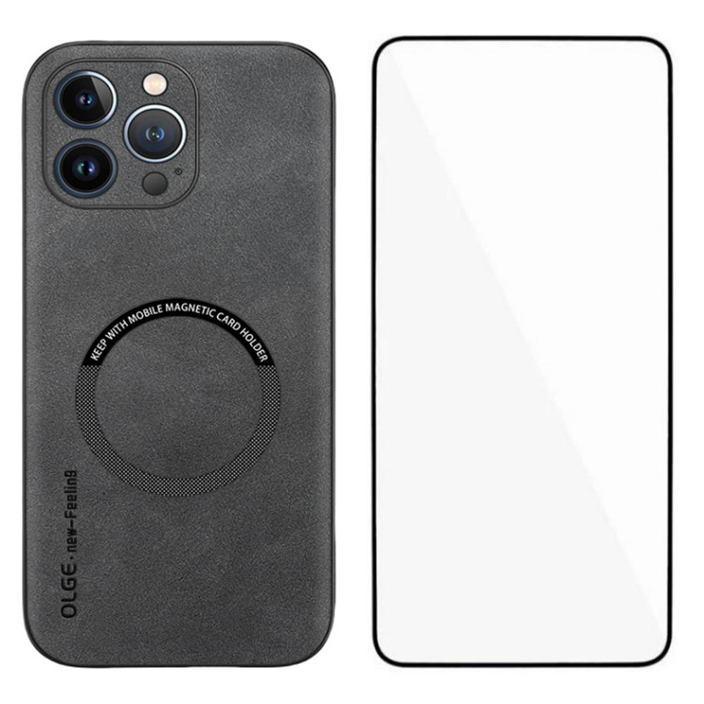 For iPhone 14 Pro Max Magnetic Case with Tempered Glass Film PU Leather+TPU Phone Cover Precise Cutouts