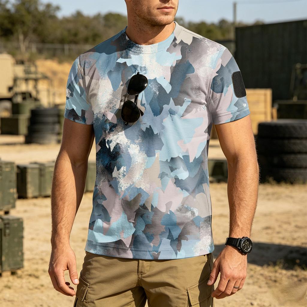 Men Tactical Camouflage Pattern Crew Neck Loose Fit Short Sleeve Outdoor Quick Dry T Shirt with Velcro Patch Panel