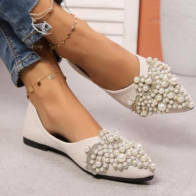 Новые свадебные туфли Crown Pearl Soft Flats с острым носком, женские туфли на низком каблуке с жемчугом, модные женские туфли класса люкс размера плюс 43