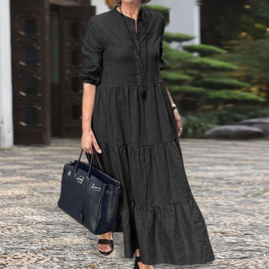 Летнее платье макси с воротником трапециевидной формы, плиссированными цветными рюшами, длинными рукавами, чистая свободная стойка, пэчворк, ПР, для поездок на работу