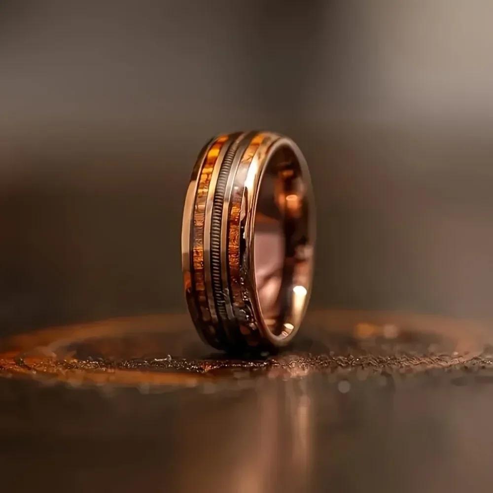 Coffee Color Rose Golden Ring Guitar String Stainless Steel Ring Inlaid Whiskey Barrel Wood Grain Ring for Men Engagement