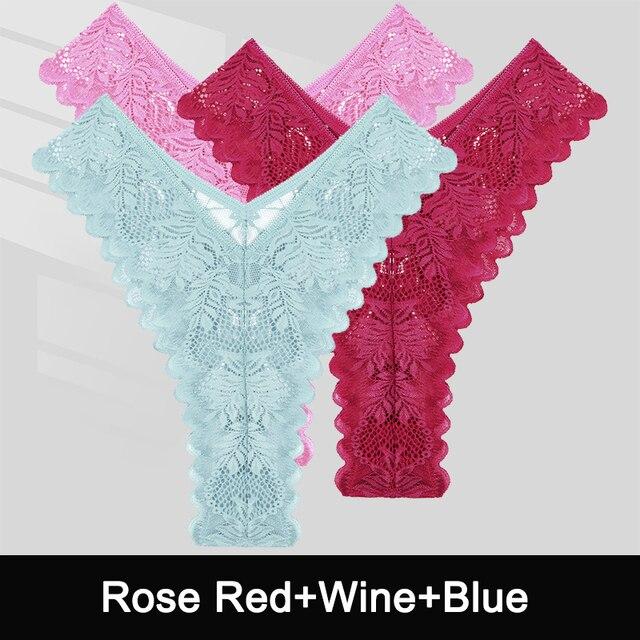 FINTOO 3PCS/Set Sexy V Waist Floral Lace Women Panties Perspective Underwear Thongs Brazilian Briefs Lingerie Comfort Female Underpants