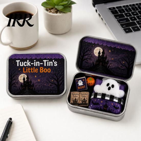 Halloween Gift Box Mini Tin Gift, Plush Ghost with Haunted House Kids Scene, Collectible Micro Theater for Kids, Party Favor Pumpkin Bedding Decor