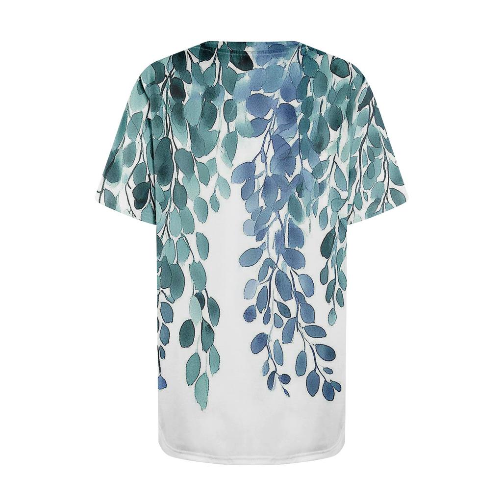 T Shirts For Women Pleated Round Neck Dressy Casual Blouses Printing Short Sleeve Summer Tops Loose Fit