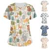 Plus Size Cute Printed Scrub Working Uniform Tops For Women Cross V-Neck Short Sleeve Fun T-Shirts Workwear Tee With Pockets