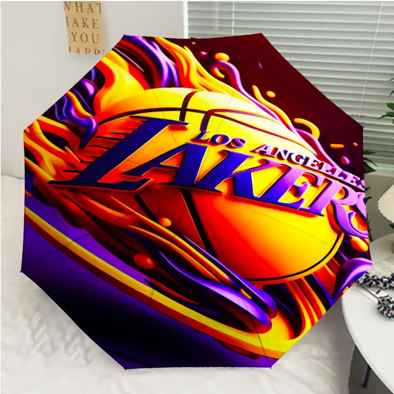 Los Angeles Lakers logo Print Automatic Umbrella, 8 Rib Iron Frame, Plastic Handle, Suitable for Outdoor Travel &Daily , Ideal Gift